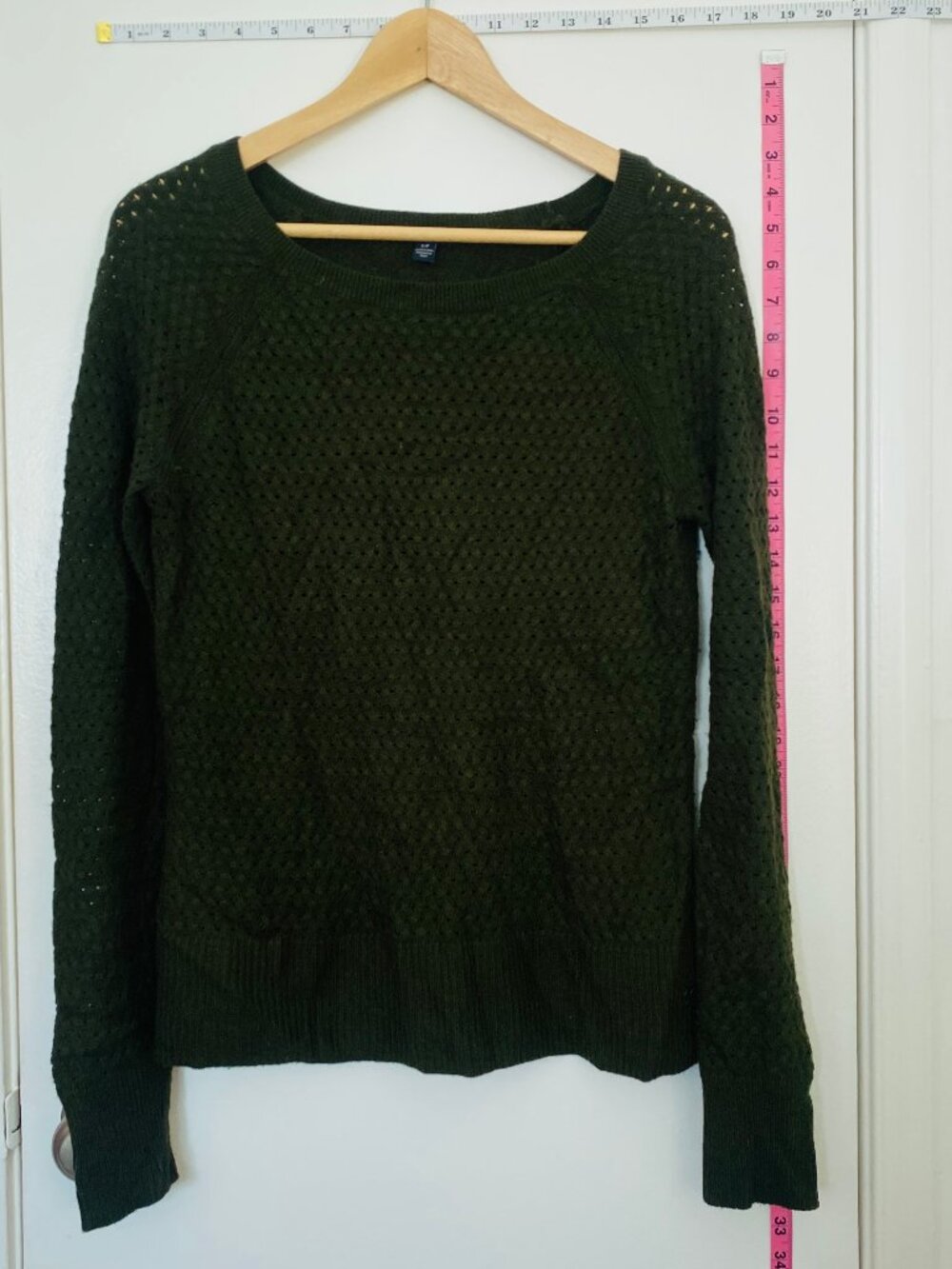 Gap Dark Forest Green Open Pointelle Knit Crewneck Sweater